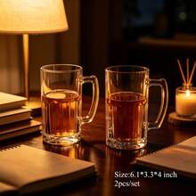 مجموعة أكواب زجاجية سميكة 600 مل 3.3*4*6.1 بوصة مع مقابض، 2 قطعة أكواب شرب كبيرة شفافة للعصير والحليب والقهوة والمشروبات الباردة - مشاهدة 2