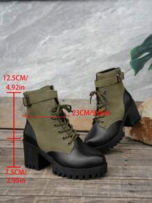 女款 2024 新款中跟防滑韓式百搭輕量靴，秋冬保暖加厚內裡靴 - 軍綠色 - 查看 7