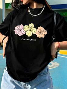 芙蓉花圖案印花T恤，熱帶波希米亞風印花短袖上衣，休閒夏季度假柔美花卉風格上衣 - 黑色 - 查看 6