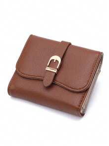 PRETTYZYS Fashionable Short Wallet 2026 New Solid Color Folding Snap Belt Design Korean Style Minimalist Multifunctional Card Holder Coin Purse ID Window Storage Wallet Christmas Gift Back To School Gift Valentine's Day Gift Mother's Day Gift All Season - Brown - View 8