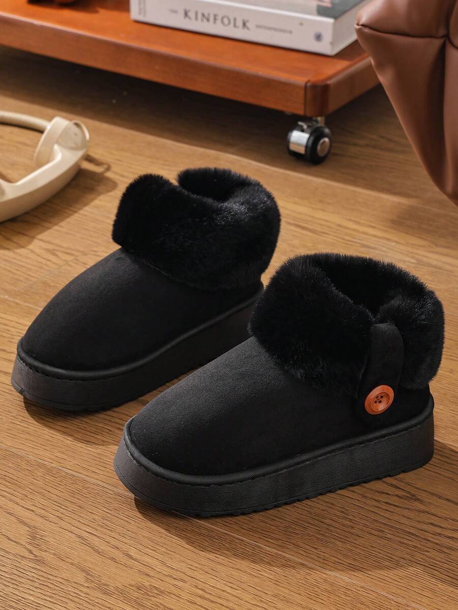 Sepatu Bot Salju Tebal Wanita Minimalis Warna Polos Musim Gugur/Musim Dingin Hangat Sol Lembut untuk Dalam/Luar Ruangan - Hitam - View 1