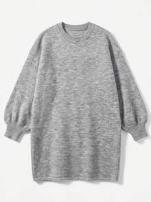 Women's Fall Winter Heather Grey Fuzzy Soft Knit Crew Neck Lantern Sleeve Mini Sweater Dress, Oversized Slouchy Casual Daily Office Commute Wear - Grey - View 7