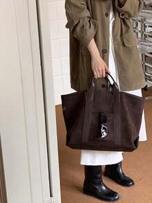Vintage Minimalist Tote Bag, Dual Handle Design With Front Pocket, Square Structured Shape, Spacious Interior For Various Personal Items, Clean And Timeless Silhouette, Suitable For Commuting And Travel, Effortlessly Creating A Sophisticated And Elegant Outfit - Coffee Brown - View 4