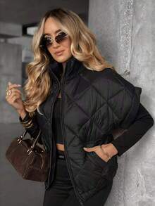 Women's Winter Quilted Vest, Stand Collar, Zipper, Short Sleeve, Pockets, Solid Color, Regular Fit, Modern Elegant Style, Padded Coat - Black - View 6
