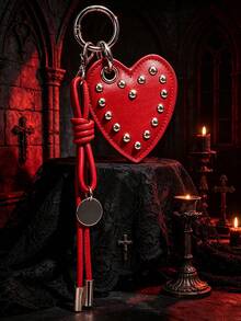 JRESSIAL Y2K Punk Rivet Black Faux Leather Heart Keychain Gothic Heart-Shaped Buckle Bag Charm Cool Street Style Backpack Pendant Girls Gift, Wallet Charm - Red - View 8