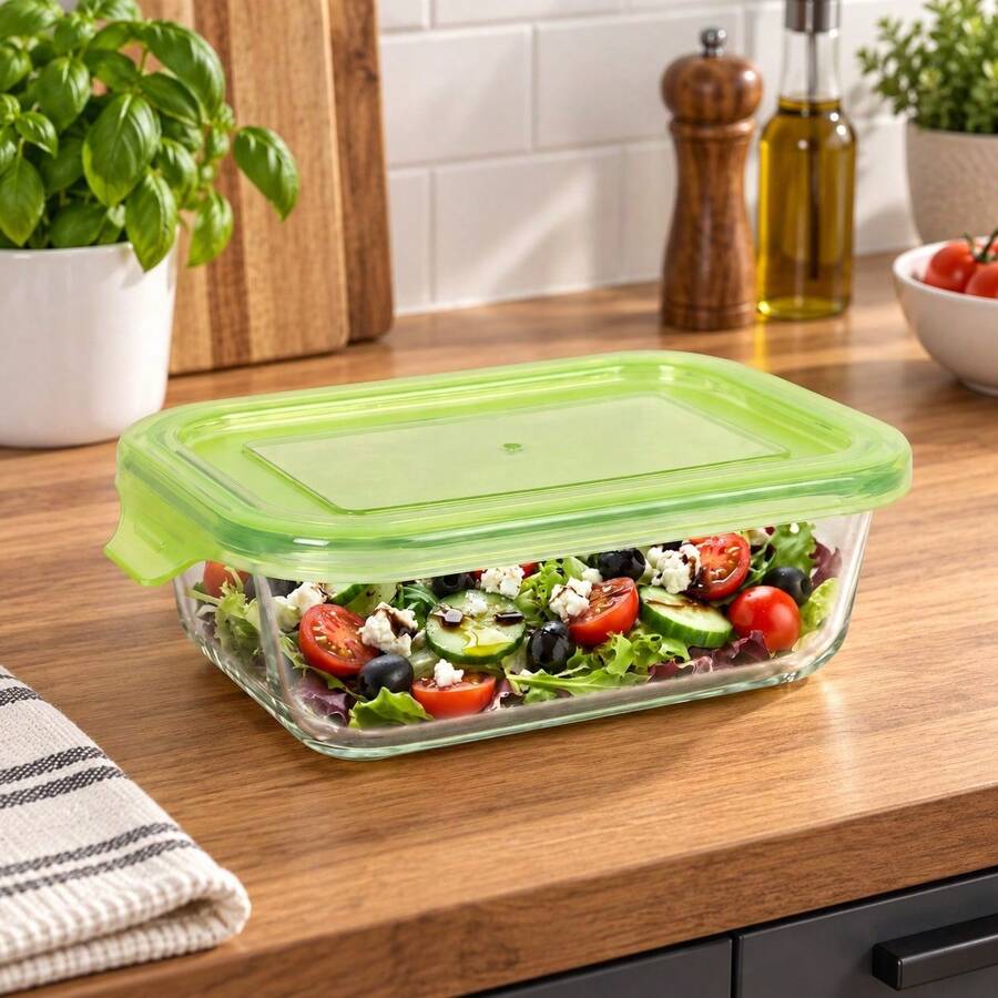KIWI QUTTIN | Green Rectangular Glass Airtight Container, 375 Ml Capacity, 100% Leakproof Lid, Oven And Microwave Suitable Without Lid - 375 Ml Rectangular - View 1