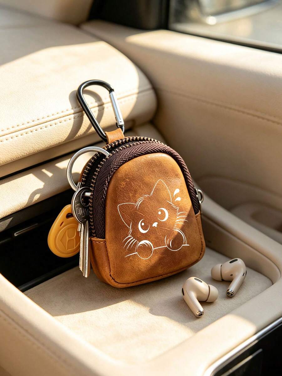Cute White Cat & Butterfly Flower Print Mini PU Leather Coin Purse, Zipper Earbud Storage Pouch With Carabiner Clip, Portable Key Bags,Wallet Bag,Gift - Multicolor - View 1