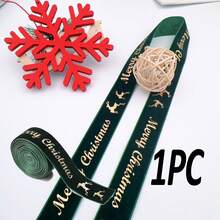 1PC 2.5cm Green & Ribbon With Gold Foil Christmas Holiday Decoration Gift Box Packaging Bow Ribbon, Christmas Decor Burgundy Velvet Christmas Letter Star Ribbon DIY Christmas Tree Bow Ribbon Webbing - Multicolor - View 11
