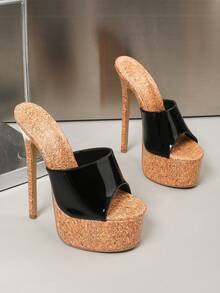 Women's High Heel Fashion Sandals, Wood Grain Color Block Round Toe Open Toe 16cm Sexy Stiletto Ultra High Heel Elegant Sandals - Black - View 4