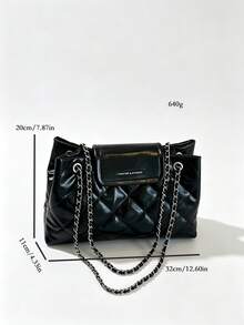 Women Tote Shoulder Bag,Diamond Quilted,Glossy Faux Leather,Double Layer Chain Strap & Logo Flap,Large Capacity,Classic Luxury Style,Daily Work - Black - View 10
