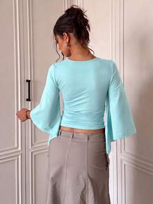 Blus Wanita Model V-Neck Lengan Lebar Pendek Pas Badan Berlipit Gaya Y2K Kasual Fashion - Mint Green - View 3