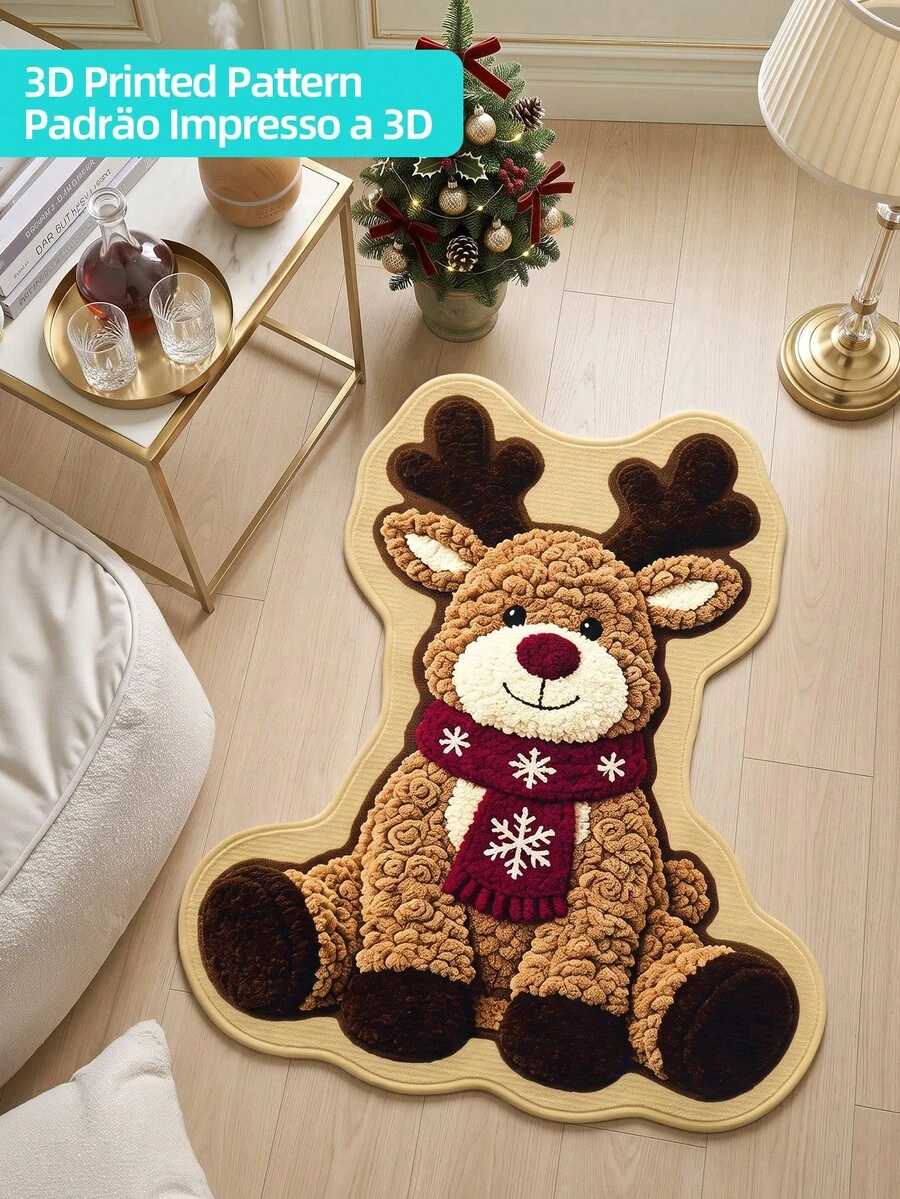DAJIANG 1PC Christmas Reindeer Shaped Carpet Kitchen Rug Runner Area Rug Suitable Bathroom, Kitchen, Indoor, Runner Corridor, Bedroom, Living Room, Beside Throw Rugs Machine Washable Rug, Easy Clean Entryway Mat, Anti-Slip Backing Rugs For Bedroom Decor Autumn/Winter