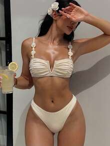 女款優雅V領鋼圈比基尼套裝，細肩帶配珠飾飾邊，抓皺罩杯高彈力泳衣，度假海灘夏季款 - 香檳色 - 查看 5