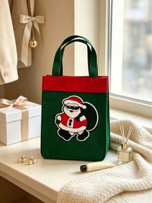 1Pc Red & Green Santa Patch Tote Bag, Vintage Style Rectangular Handbag, Gift Carrier For Christmas Holiday Gift Packing,Shower Curtain For Bathroom,Shower Curtains - Multicolor - View 5