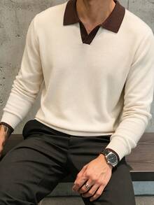 Men's Autumn/Winter Minimalist Solid Color Contrast Fashion Casual Turn-Down Collar Long Sleeve Sweater - Apricot - View 3