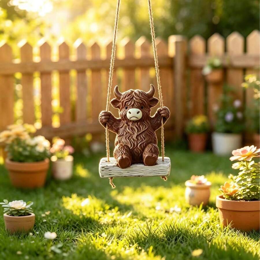 1 buah Ornamen Resin Ayunan Gantung Sapi Dataran Tinggi Skotlandia, Dekorasi Gantung untuk Dalam Ruangan, Rumah, Meja, Taman, Halaman, Pohon, Kerajinan Tangan