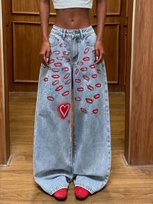 Spring Autumn Winter Versatile Fashion Casual Elegant Holiday Daily Date Travel Airport Outfit Denim Women's Printed Design Washed Straight Leg Long Pants - Blue - View 1