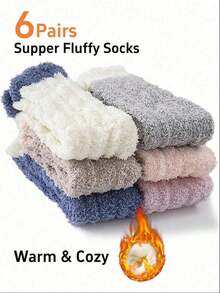 6 Pairs Plush Warm Lining Soft Comfortable Fluffy Slipper Socks, Winter Warm Socks, Christmas Gift, Women's Autumn Essential - Multi-color a - View 12