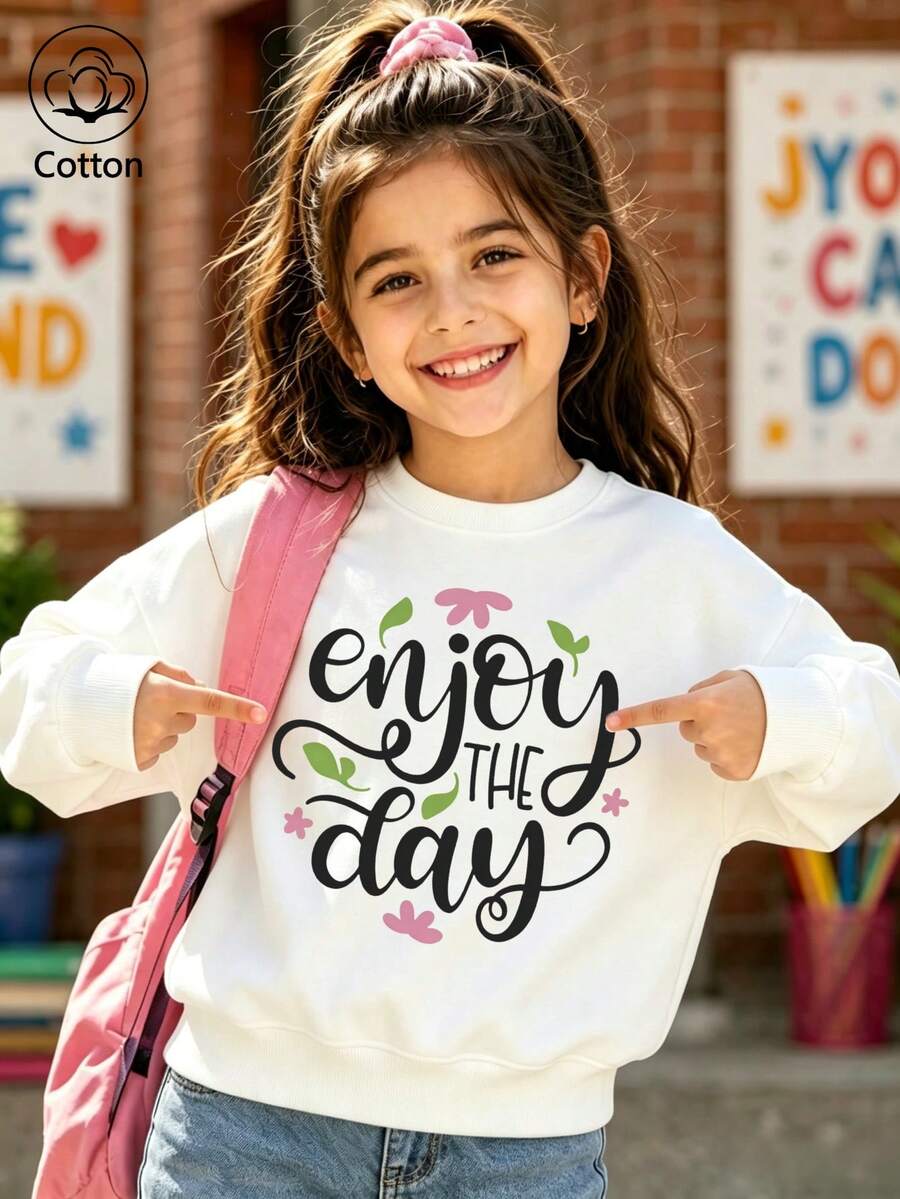 Enjoy The Day  Floral Handwritten Letter Sweatshirt - White - View 1