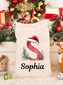 Custom Name Santa Initial Christmas Sack, Large Capacity Reusable Canvas Drawstring Gift Bag, Personalized Xmas Gift Storage Pouch, Holiday Present For Family, Home Christmas Decor, Available In L & XL Sizes - Multicolor 2 - View 8