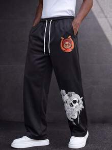 MAISONFOX Men's Pocket Drawstring Waist Casual Loose Skull Printed Long Pants,Draped Loose Fit Long Pants For Daily Wear,Sweatpants For Men,Baggy Sweatpants - Black - View 7