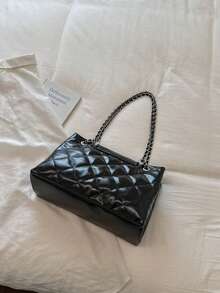 Women Tote Shoulder Bag,Diamond Quilted,Glossy Faux Leather,Double Layer Chain Strap & Logo Flap,Large Capacity,Classic Luxury Style,Daily Work - Black - View 5