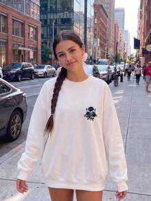 Women's White Long Sleeve Crew Neck Pullover, Rose Print Design, Casual Fashion Street Style Autumn Outfit - White - View 3