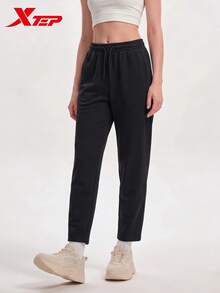 Celana Sweatpants Rajut Kasual XTEP Longgar Model Cocoon Fit Celana Olahraga Modis Warna Hitam Polos - Hitam sejati - View 1