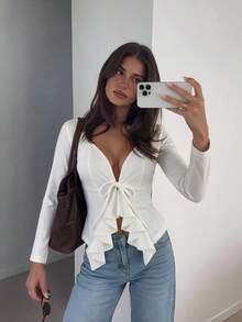 Vuslat Women's Autumn French Style Commute White Slim Fit Ruffle Front Open Blouse, Halloween, Wedding, Outing, Back To School - White - View 11