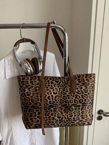 1pc Brown PU Smooth Zipper Leopard Print Fashion Versatile Casual Minimalist Autumn/Winter New Niche Shoulder Tote Bag For Women Daily Use - Brown - View 11