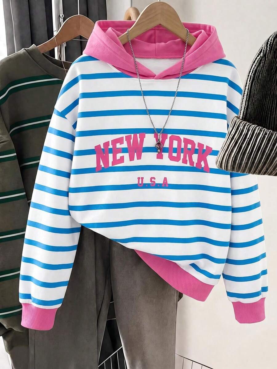 1pc Tween Girl Hooded Sweatshirt Blue & White Wide Stripes With Rose ...