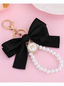Creative Colorful Webbing Keychain With Bow And Pearl Bag Charm Key Gift For Women Purse Handbags - Black - View 3