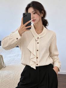 YUXIN Women's Fine Striped Ruffle Tie Neck Blouse, Front Button Long Sleeve Office Commute Top, Elegant French Style Autumn Top, Beautiful Fashion - Apricot - View 2