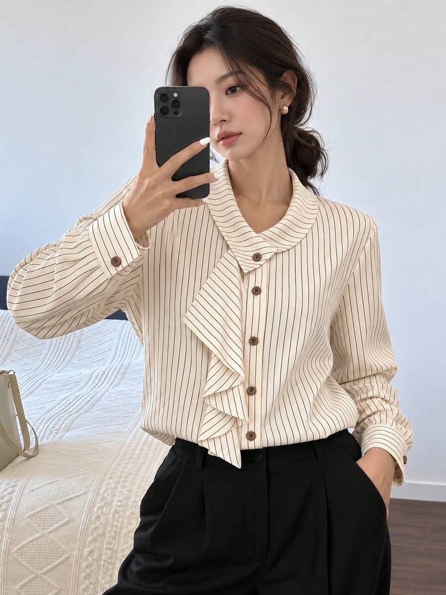YUXIN Women's Fine Striped Ruffle Tie Neck Blouse, Front Button Long Sleeve Office Commute Top, Elegant French Style Autumn Top, Beautiful Fashion