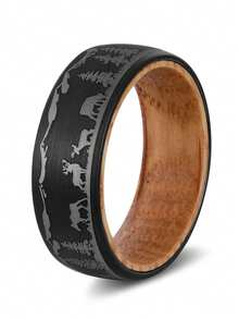 1pc 8mm-Wide Tungsten Carbide Trees Forest Hunting Dear Lasered Silver Black Whiskey Barrel Wood Ring For Wedding,Exquisite Men's Accessory Jewelry - Black - View 15