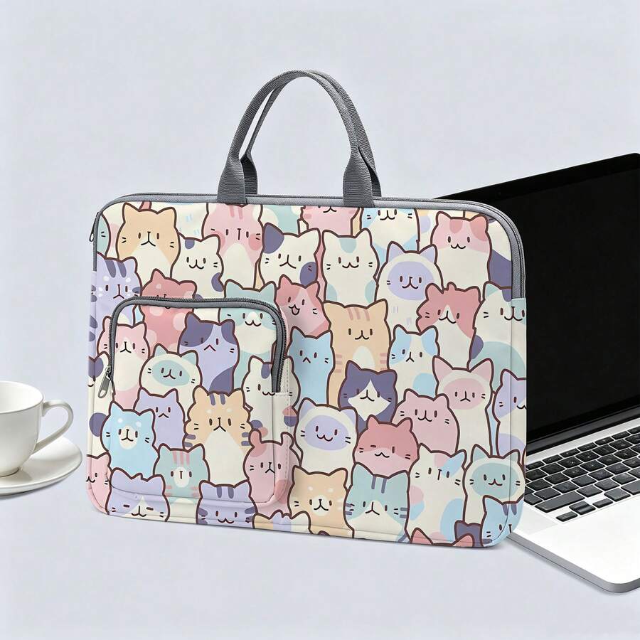 Women's Cute Cat Pattern Printed Laptop Bag/Storage Bag - Made Of Soft Fabric, Compatible With Various Laptop And Tablet Devices; Equipped With Outer Zipper Pocket And Fixed Handle, Large Capacity Storage, Balancing Protection And Portability, Suitable For Work, Study And Travel, Essential For Daily Commute - Grey - View 1