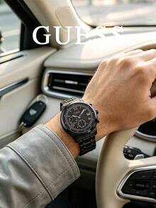 GUESS W1001G3 All-Black Ion-Plated Stainless Steel Three-Dial Chronograph Men's Quartz Watch, Roman Numerals Matte Black Dial Calendar Multifunction, 44mm Large Dial Business Commute Rugged Men's Wristwatch - Black - View 2