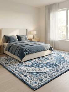 1PC Classic Blue & White Vintage Persian Pattern Bohemian Style Faux Wool Rectangular Area Rug, Distressed Mottled Details, Machine Washable, Suitable For Living Room Bedroom Home Decor, All Season Use, Aesthetic Home Decor - Multicolor - View 2