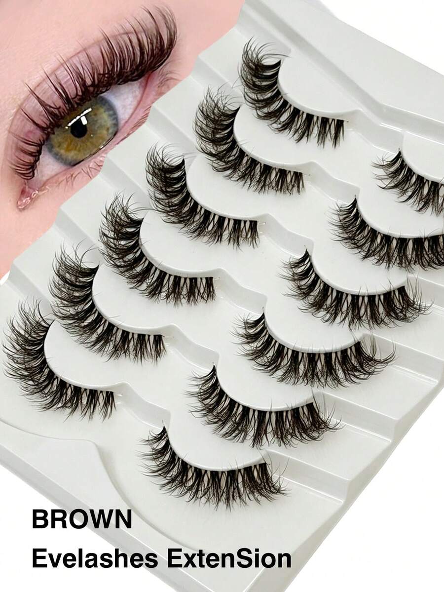 6 Pairs Brown Fluffy Wispy Mink False Lashes, Natural Volume D Curl Fake Eyelashes, Reusable Soft Band Brown Lashes For Daily & Party Makeup Eyelash Extension - View 1