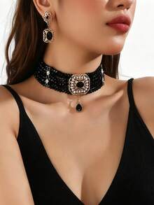 1pc High-End Fashion Women Geometric Square Pink Hollow Green White Black Crystal Beads Necklace & 1 Pair Matching Geometric Square Pink Hollow Green White Black Crystal Earrings Set, Ideal For Formal Dress Or Daily Wear - Multi-layer Crystal Water Drop Pendant Set Of Two - View 17