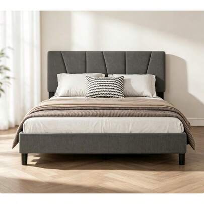Cama Full Capitoné Geométrico, Cabecera Ajustable, Plataforma Completa, MDF y Tela Gris Oscuro, Diseño Moderno, Resistencia 1000 LibrasMDF+Tela, Gris