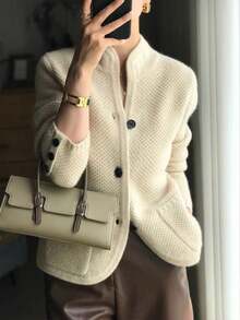 秋冬新款女式優雅寬鬆通勤上衣 羊絨復古針織開襟開襟毛衣外套與時尚女式襯衫 長袖外出上衣 新年女裝 - 杏色 - 查看 4