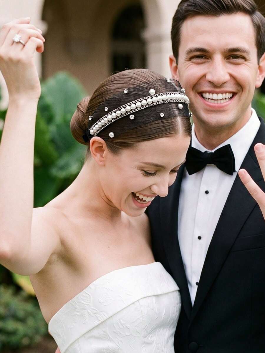 1件裝亮面珍珠水鑽髮箍 時尚新娘髮飾 適合婚禮派對、休閒外出、約會，女款