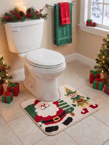 1pc/3pcs Christmas Series Santa Claus Pattern Bathroom Rug Set, Velvet Material, Kitchen Bathroom Bedroom Washable Floor Carpet Decor, Christmas Decoration, Set Includes Bath Mat, U-Shaped Contour Mat And Vanity Mat - A - View 11