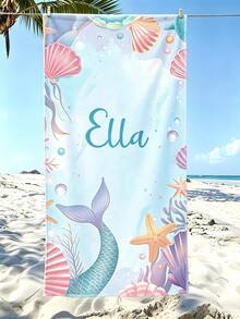 Personalized Name Mermaid Beach Towel For Girls, Soft Microfiber Quick Dry Ocean Shell Starfish Kids Towel For Beach Pool Camping Travel - Multicolor - View 3