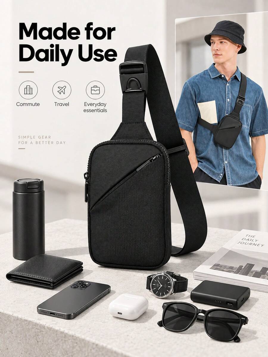 NYXIA Tas Selempang Dada Pria yang Ringkas, Tas Bahu Crossbody Ringan dengan Tali yang Dapat Diatur, Kantong Resleting untuk Perjalanan, Komuter, dan Kebutuhan Sehari-hari
