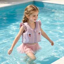 1pc Toddler Girls Cute Cartoon Swan Print Ruffle Trim Front Zipper Buoyancy Swim Vest, Children Swimming Training Floating Jacket Beach Pool Water Buoyancy Vest - Multicolor - View 3