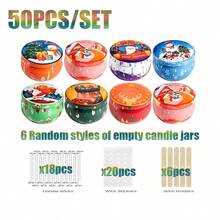 HIZTGHC 50Pcs/Set 2.5oz Christmas Empty Candle Tins With Lids, 6 Random Xmas Patterns, DIY Candle Making Kit Including Candle Wicks, Wick Stickers & Wick Holders, Holiday Metal Candle Jars For Handmade Candles, Gift & Storage - Multiple Styles - View 5