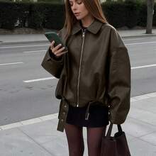Women's Vintage Aviator PU Leather Jacket, Solid Color Casual Zipper Style With Pockets, Regular Fit Winter Coat - Dark Green - View 3