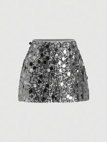 Falda elegante con lentejuelas de dos tonos para mujer - Gris Oscuro - Ver 8